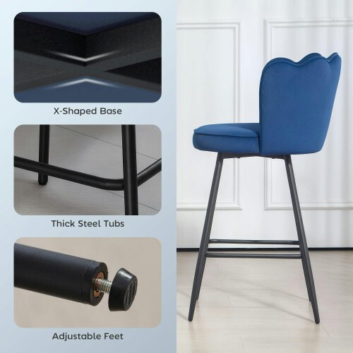 Wyld Haus Yovafi Set Of 2 Dark Blue Velvet Upholstered Lotus Style Bar Stools