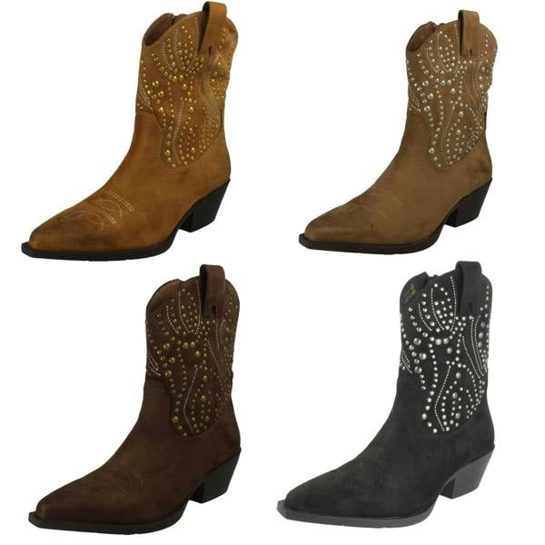 Spot On Ladies Spot On Stud Detailed Small Heel Zip Ankle Cowboy Boots F51257