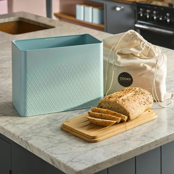 Cooks Professional Embossed Bread Bin, Linen Bag and Bamboo Board Set | Blue