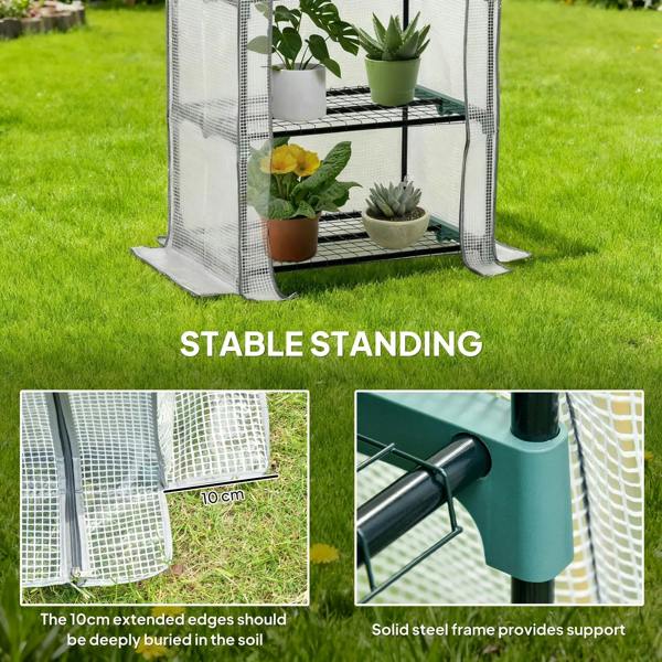 Stable-standing portable greenhouse with white PE cover and four black wire plant shelves