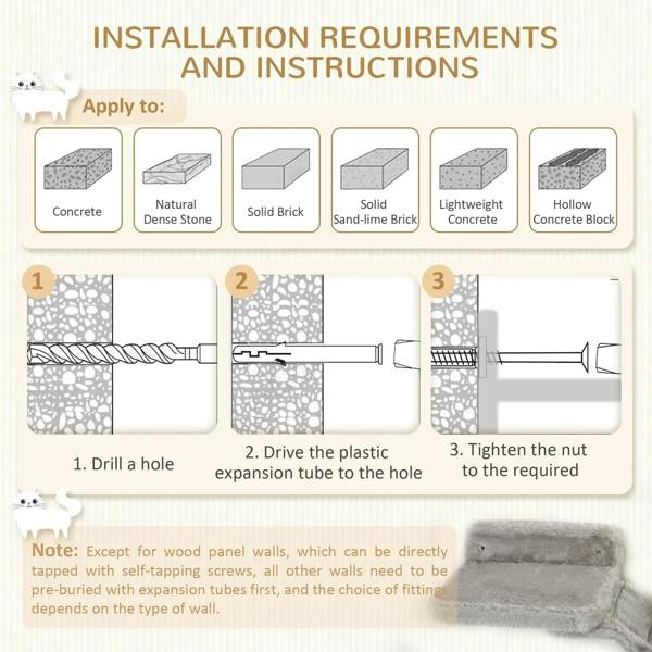Installation instruction panel for wall-mounted cat tree with mounting steps