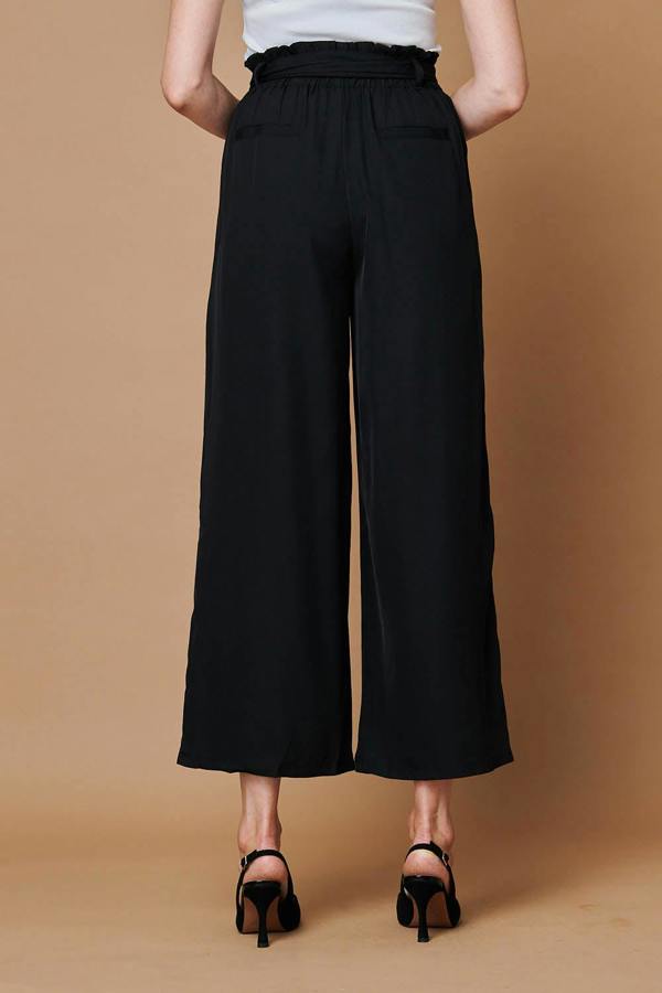 Black | Tie Front High Waist Wide Leg Trousers