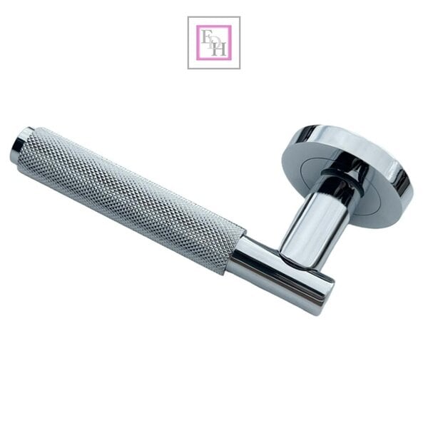 EDH Door Hardware Polished Chrome Knurled Door Handles on Round Rose – Modern Internal Lever Latch Handles
