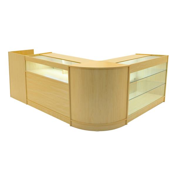 Polaris LED Shop Counter Set in maple finish, featuring sleek glass display shelves and a modern, curved design for retail spaces