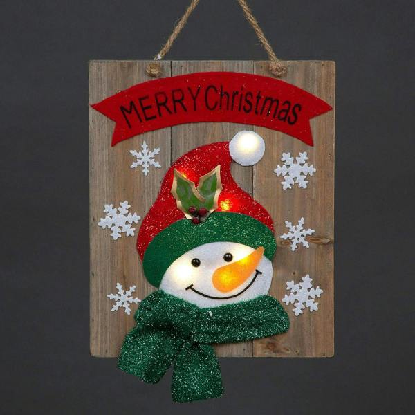 30cm Christmas Home Decoration Battery Operated Snowman Wooden Frame Wall Decoration with Warm White Bulbs image 2
