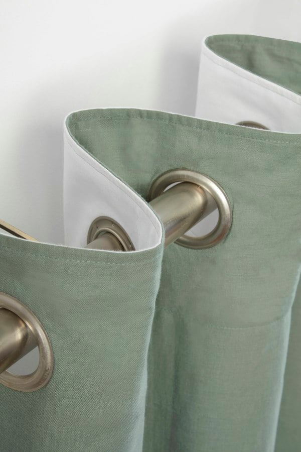 Lazy Linen Pure Washed Linen Lined Eyelet Curtains - Green