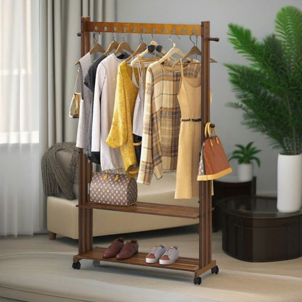 Rafaelo Mobilia Bamboo Clothes Rail With Shelves & Wheels Walnut Brown