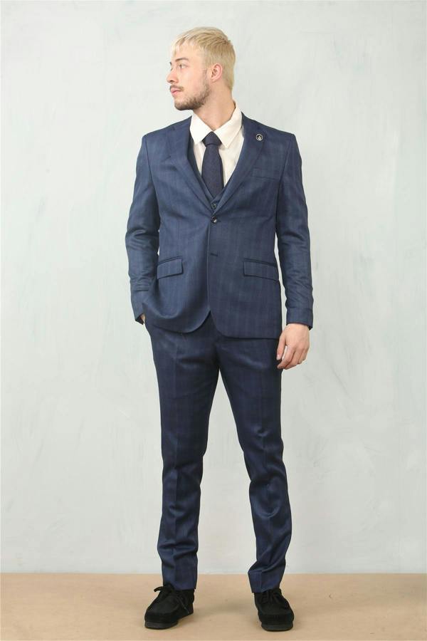 Infinity Leather Men's 3 Piece Prince Of Wales Blue Suit Workwear