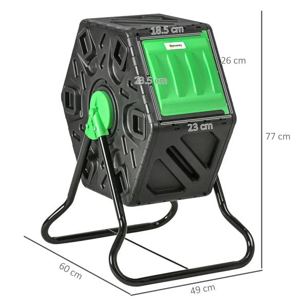 Green and black compost bin with labeled dimensions, hinged lid, and vented panels