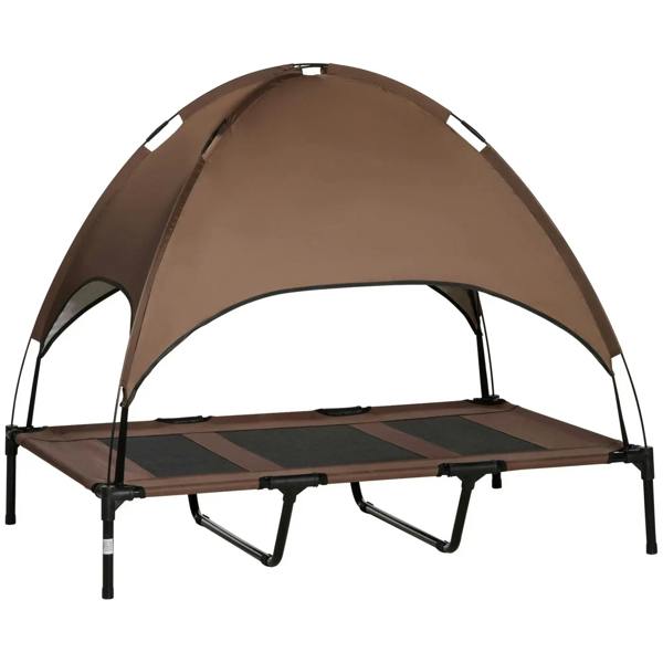 Brown raised dog bed cot with arched canopy and breathable mesh sleeping surface