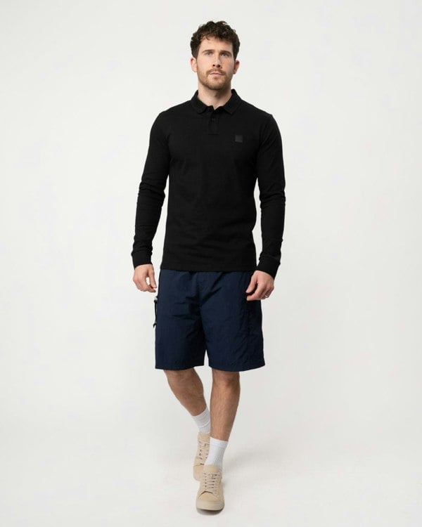 BOSS Orange Passerby Mens Long Sleeve Stretch-Cotton Polo Shirt with Logo Patch NOS - Black 001