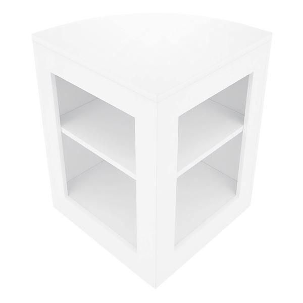 Vega LED Shop Counter Set in white, featuring a sleek corner design with two open shelves for display and storage