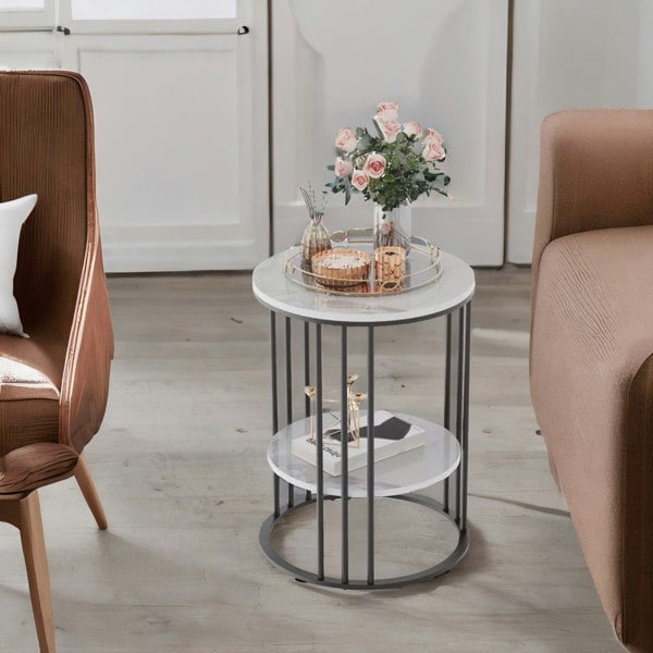 Rafaelo Mobilia 2 Tier Round Faux Marble Heavy Duty Side Table Black