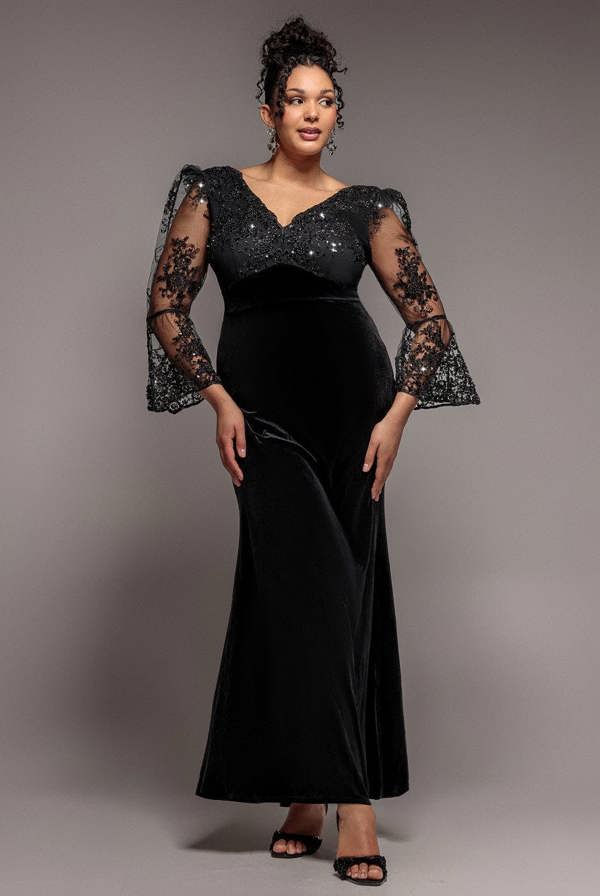 Scalloped Lace & Velvet Maxi Dress - Black DR3972PLUS
