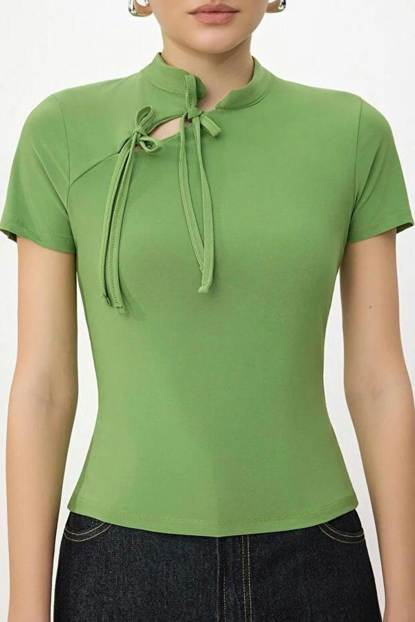WOVCOR High Neck Tie Detail Fitted Long Sleeve Blouse