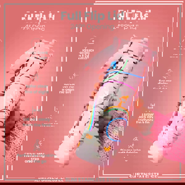 A pink stainless steel water bottle, with a fairy design, is held; its full flip lid opens 240°. The bottle is slim and designed for on-the-go drinking.