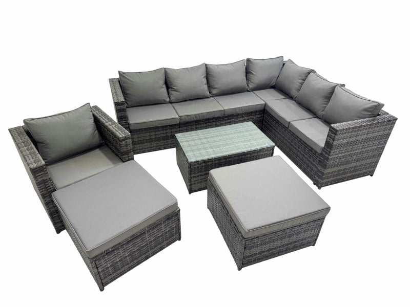 Fimous Patio Sofa Oblong Coffee Table Set Rattan Garden Furniture Set with 2 Big Stools Chair Dark Grey Mixed