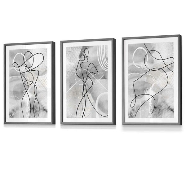 Artze Wall Art Abstract Set of 3 Fashion Line Framed Prints in Black & Grey