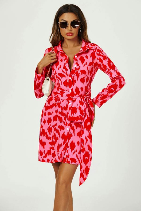 FS Collection Abstract Print Shirt Mini Wrap Dress In Pink