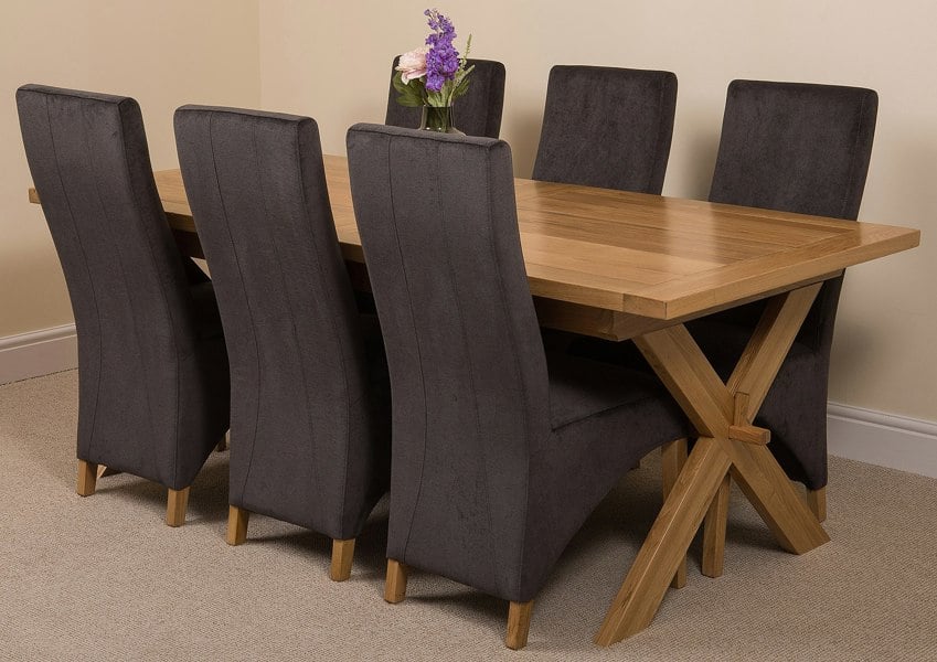 That's Furniture Vermont Cross Leg Oak Extending Dining Table with Lola Fabric Chairs