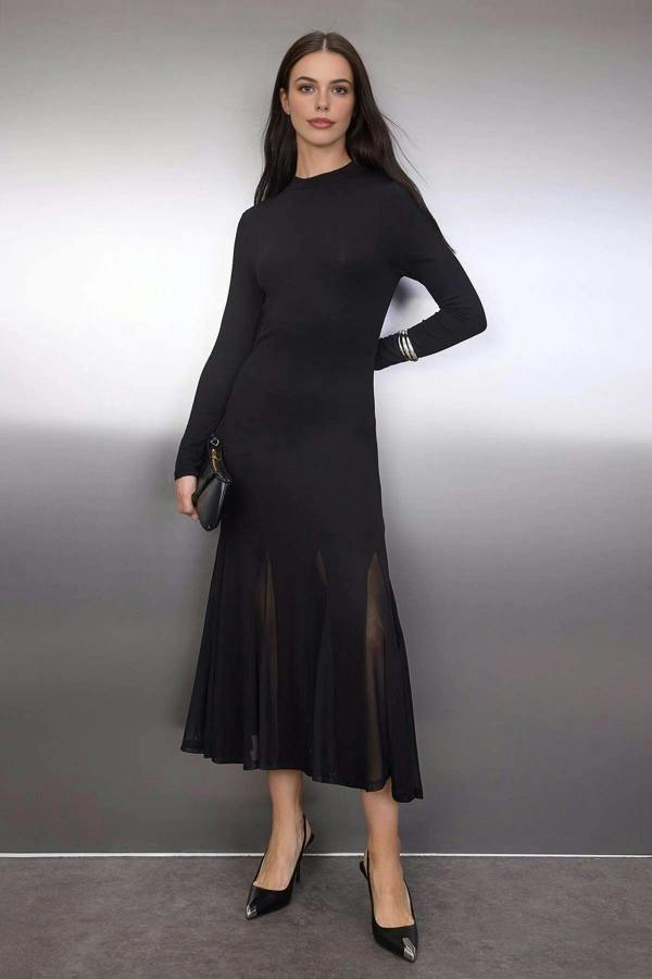 WOVCOR Ruffled Long Sleeve Maxi Stretch Knit Dress