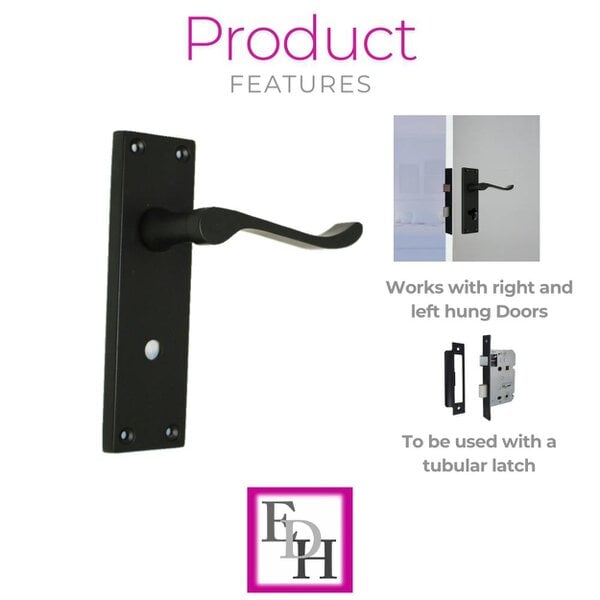 EDH Door Hardware Matt Black Modern Victorian Scroll Bathroom Door Handles and Bath Lock 1 Pair