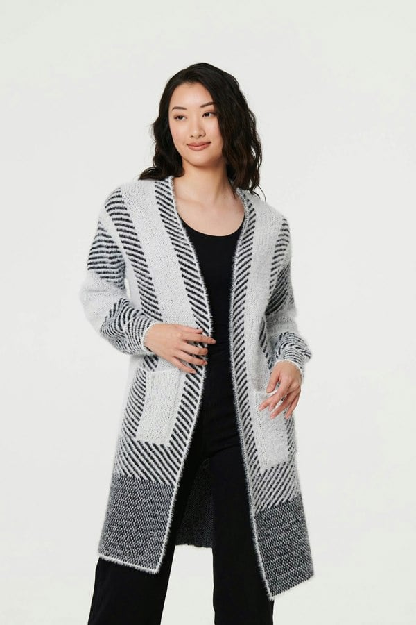 White | Striped Longline Relaxed Cardigan