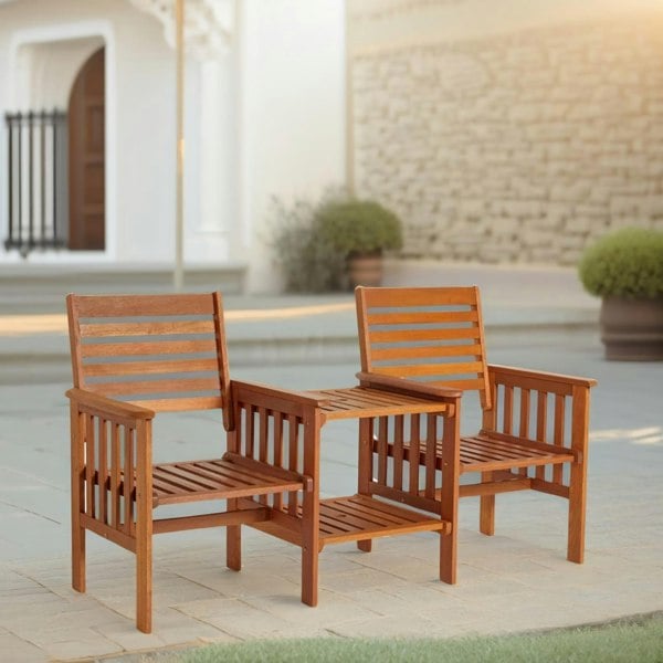 Rafaelo Mobilia Wooden 2 Seater Outdoor Bench With 2 Tier Table Love Seat Natural Brown