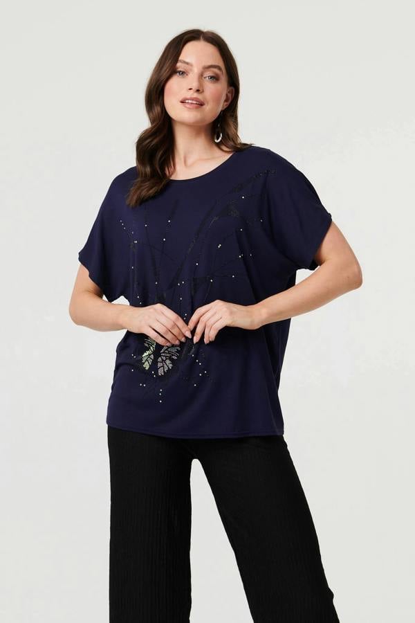 Navy | Butterfly Embellished Relaxed T-Shirt