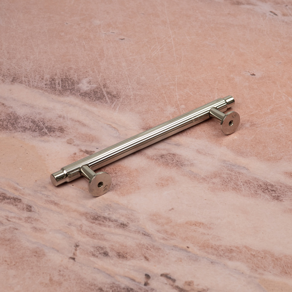 Handle & Home Bright Nickel Reeded Cabinet T-Bar Handle and Coordinating Disc Knob