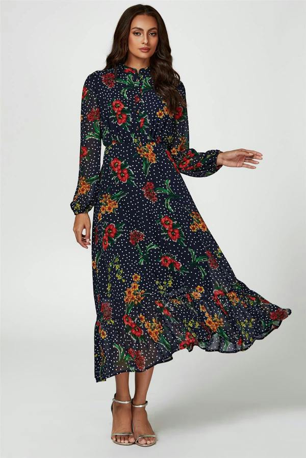 FS Collection Floral Dot Print Maxi Dress In Navy