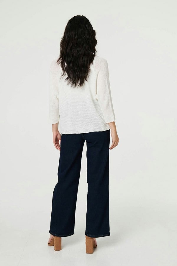 White | Mesh Cropped 3/4 Sleeve Open Cardigan