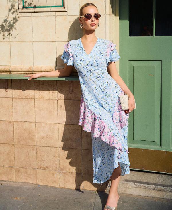Needs No Label Blue Ditsy Floral Ruffle Mix and Match Midi Dress