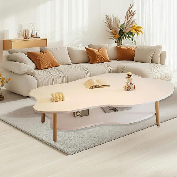 Havendro White 2-Tier Cloud Coffee Table Modern Living Room Desk with Storage Shelf