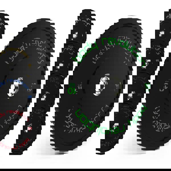 Body Revolution Olympic black bumper plates in various weights, featuring vibrant colored accents and a durable rubber texture