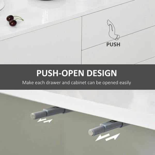 White cabinet front showing push-open design, smooth panels and drawer lines