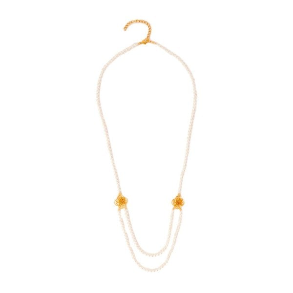 Lila Rasa Long pearl statement necklace with clover