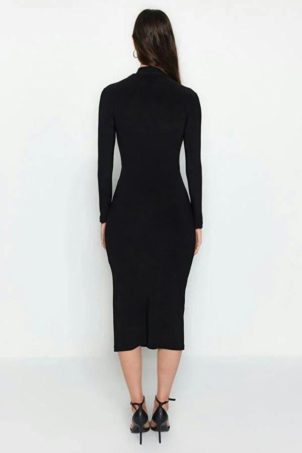 WOVCOR Stand Collar Fitted Midi Knit Dress with Slit & Drape Detail