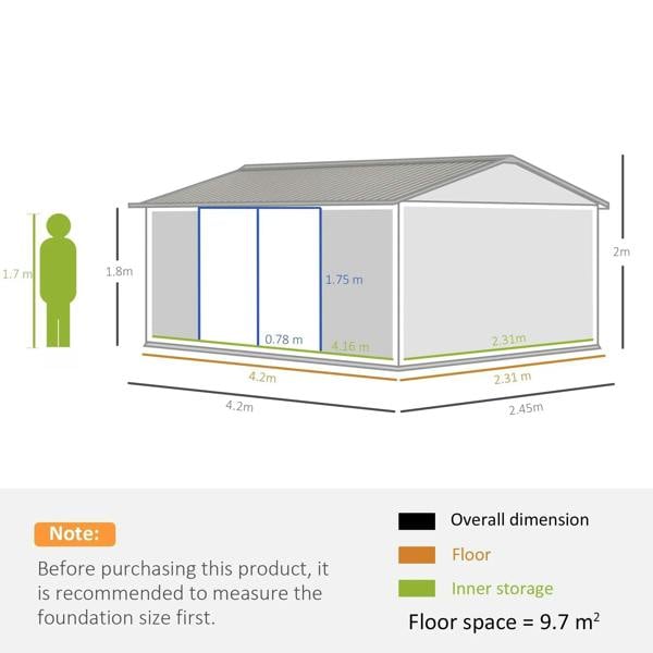 Grey metal outdoor storage shed with side dimension diagram and sloped roof