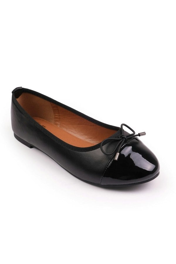 Where's That From Janice Ballerina Flats With Front Bow Detail in Black Faux Leather