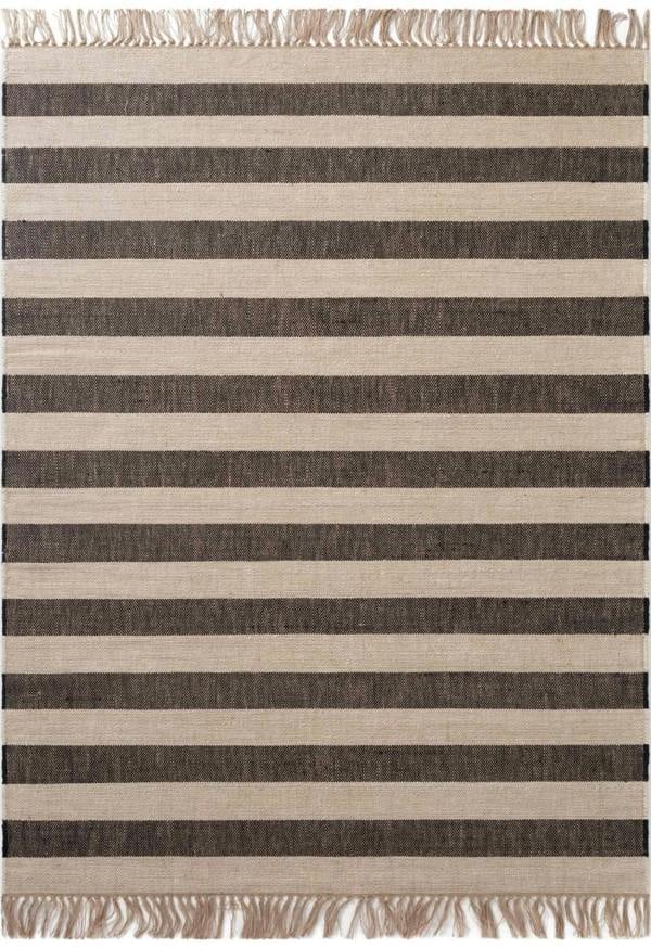 Handloom Jute Rug Natural White Black Fringed, Reversible, Striped Rug