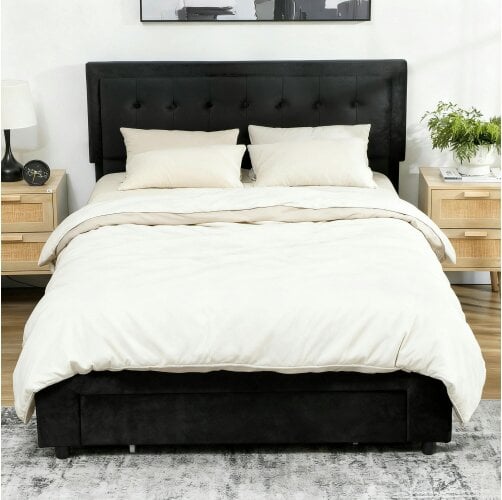 HOMCOM Double Bed Frame with Storage and Adjustable Velvet Headboard