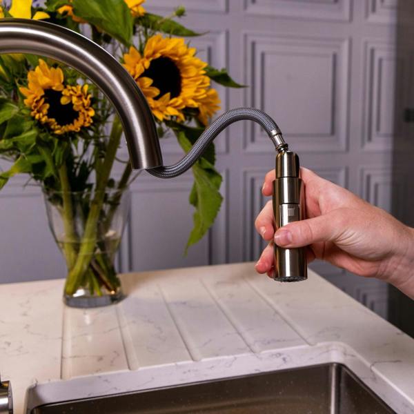 Flode Runda | Kitchen Sink Mixer with Pull out Spray | Brushed Steel | Square Head