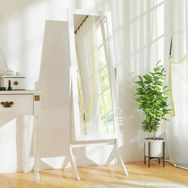 White freestanding full-length mirror with adjustable frame on tripod base