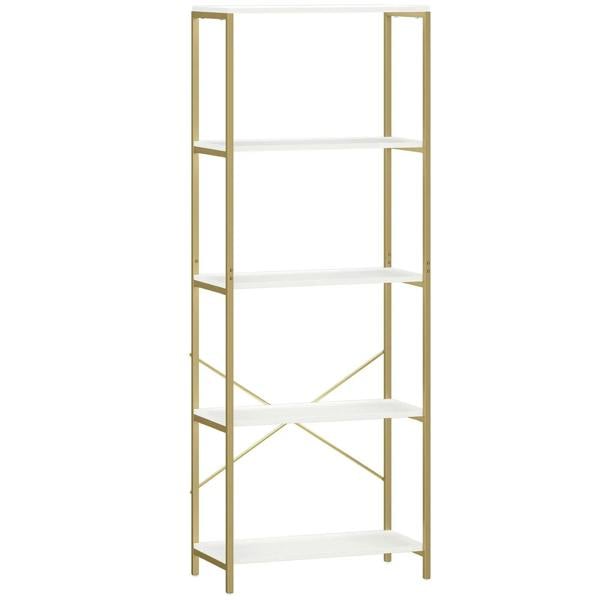 White and gold 5-tier metal bookshelf, five open shelves