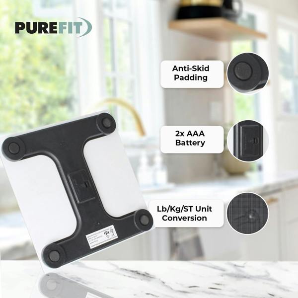 PUREFIT Digital Bathroom Scales - Ultra Slim Body Weight Scale with LED Display, Tempered Glass, 180kg Capacity 2XAAA Batteries Included