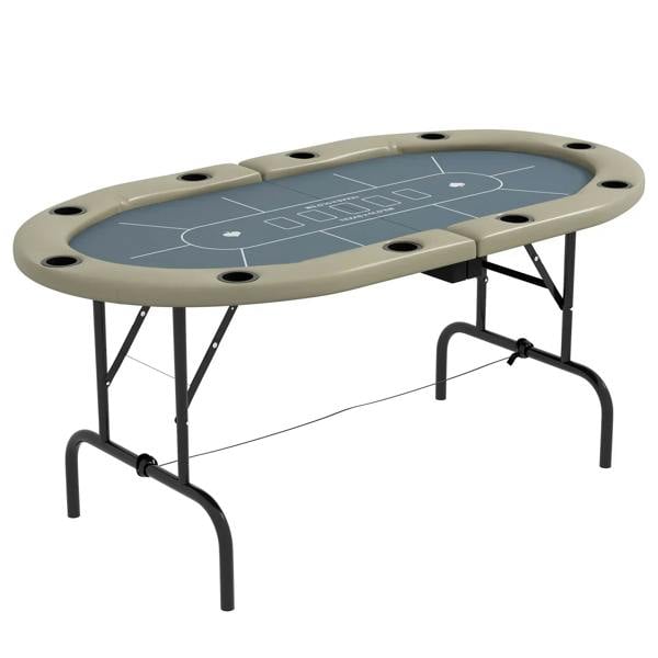 Folding poker table with blue felt top, beige rails, and black folding legs, cup holders