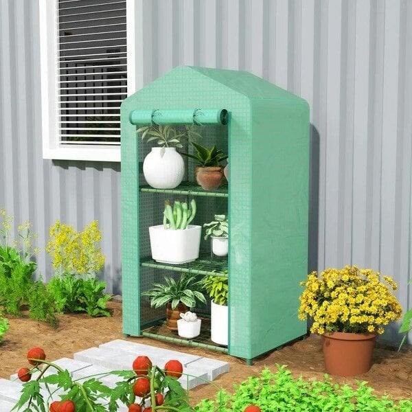 Bobobiy 3 Tier Mini Greenhouse Portable Garden Grow House with Roll Up Door and Wire Shelves, 69 x 49 x 125 cm, Green - Green