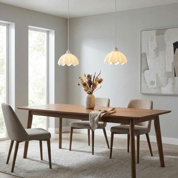 Opal White Gloss Ceramic Pendant Light Shade with Rippled Scallop Edge Image 6