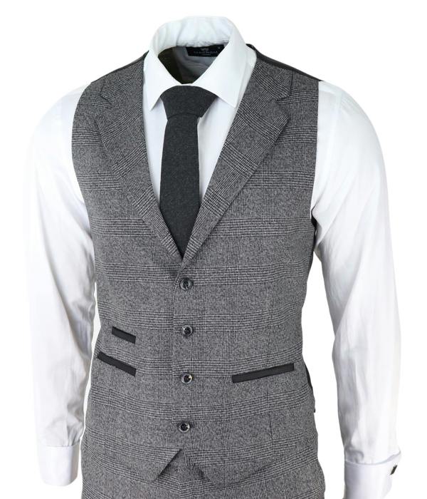 TruClothing Mens Grey 3 Piece Suit Prince of Wales Check Classic Tailored Fit Wedding Suit